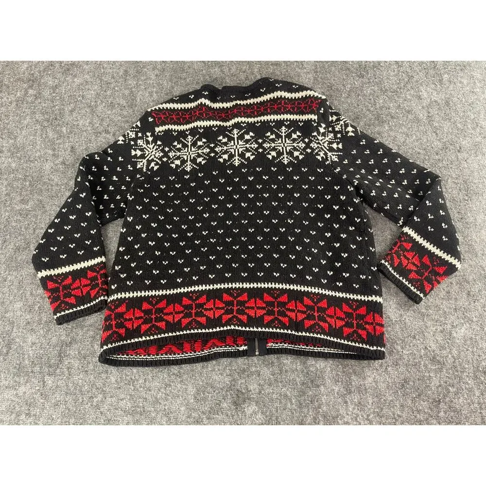 J Jill Sweater Womens Petites Large Black Deer Print Full Zip Cardigan Wool N313
